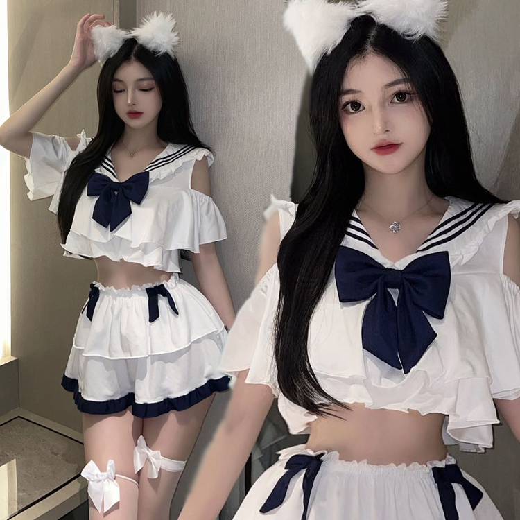 セクシー 海軍服 セーラー服 コスプレ衣装 半袖 シャツ トップス フリルスカート 白色 学生服 セクシー コスチューム 上下セット 水兵さん セクシー 衣装 清純派 ハイウエス 制服コスプレ ミニスカセット リボン ハロウィン仮装 大人用 超過激 過激コスプレ エロい 服