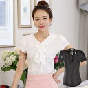 M L XL 胸元 フリル ブラウス 半袖 襟なし ワイシャツ レディース ナチュラル ブラウス ビジネス オフィス Yシャツ フォーマル OL 事務服 シンプル 前開き 開襟 おしゃれ ホワイト 無地 カジュアル