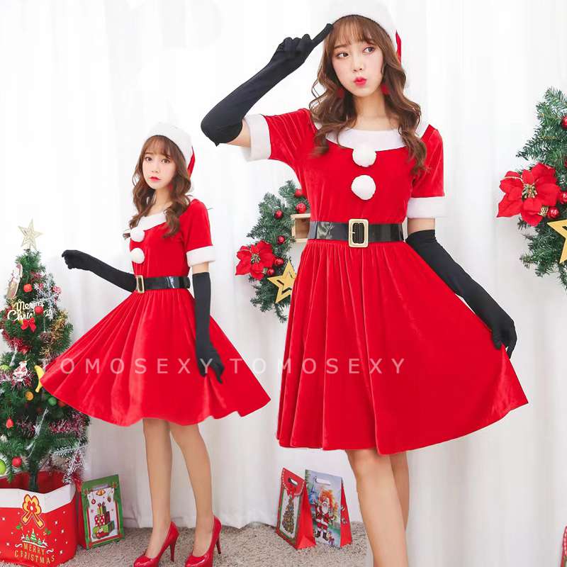 サンタクロース サンタ 衣装 サンタ コスプレ ワンピース 帽子セット 黒いグローブ 半袖 赤 レディース 大人用 女性 サンタコス クリスマス ハロウィン コ...