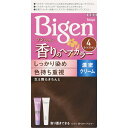 しっかり染め 色持ち重視取り置きできる髪を分けてぬりやすいコームブラシツンとしない、ほのかなアロマの香りフローラルブーケの香り染めた後も、イヤなニオイが気にならない○密着して染める濃密クリームが生え際にくいつきとどまる○色持ちタイプ 日にちが経っても髪色キレイ「染料の流出を抑える」仕組み色あせ低減処方色持ち成分※1※1 テアニン、タウリン○天然由来のトリートメント（ツヤ）成分※2配合ツバキオイル オリーブオイル※3 ココナッツオイル※4※2 毛髪保護成分※3 オリブ油※4 ヤシ油○うるおい成分配合ヒアルロン酸ブラウン系ベーシック表示成分○ビゲン 香りのヘアカラー クリーム1剤（B） 4&lt;有効成分&gt;5-アミノオルトクレゾール、パラアミノフェノール、メタアミノフェノール、硫酸トルエン-2，5-ジアミン、レゾルシン&lt;その他の成分&gt;HEDTA・3Na液、PEG-8、PEG（32）、POEステアリルエーテル、POEセチルエーテル、POE（2）ラウリルエーテル、POE（21）ラウリルエーテル、アスコルビン酸、イソプロパノール、塩化トリメチルアンモニオヒドロキシプロピルヒドロキシエチルセルロース、オリブ油、強アンモニア水、高重合ジメチコン-1、水酸化Na、ステアリルアルコール、セタノール、タウリン、ツバキ油、テアニン、パラベン、ヒアルロン酸Na-2、ベヘントリモニウムクロリド、ポリ塩化ジメチルジメチレンピロリジニウム液、無水亜硫酸Na、モノエタノールアミン、ヤシ油、ルチン、ワセリン、香料○HC オキサイド（C） 2剤&lt;有効成分&gt;過酸化水素水&lt;その他の成分&gt;PG、POE（20）POP（4）セチルエーテル、POEセチルエーテル、イソステアリルアルコール、クエン酸、ステアリルアルコール、ステアルトリモニウムクロリド、セタノール、フェノキシエタノール用法・用量／使用方法&lt;使用量の目安&gt;ショートヘア（髪全体）約1回分髪の量が多い方は2箱ご用意ください&lt;使用方法&gt;1．混合クリームをつくります1剤と2剤を同量出し、よく混ぜます。2．クリームをぬります乾いた髪に、コームブラシでムラなくぬります。白髪が気になる部分には、たっぷりぬります。15分放置3．洗い流しますよくすすぎ、シャンプー・リンスで仕上げます。