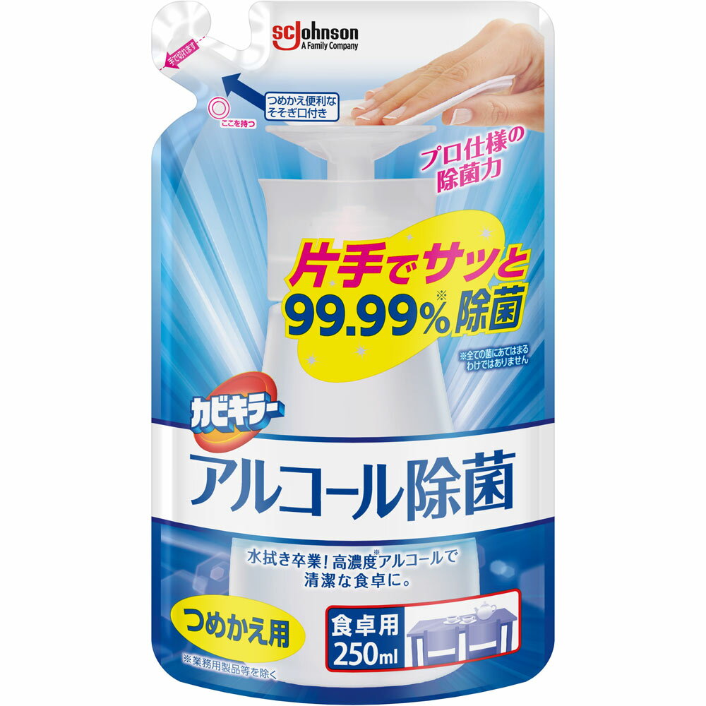 プロ仕様の除菌力片手でサッと99.99％※除菌※全ての菌にあてはまるわけではありません水拭き卒業！高濃度※アルコールで清潔な食卓に。※業務用製品等を除く100％食品に使える原料表示成分&lt;成分&gt;発酵エタノール、クエン酸ナトリウム、乳酸、精製水用法・用量／使用方法&lt;用途&gt;食卓・調理台・まな板などの調理器具・シンク・冷蔵庫の中や外側・電子レンジ等のキッチン家電の外側・ドアノブの除菌&lt;使えないもの&gt;●ワックス・ペンキ・ニス・ラッカー仕上げ等の塗装部●アクリル樹脂製品●白木や桐の家具●食品&lt;使用方法&gt;キッチンペーパー、ティッシュ、乾いた布などをポンプ上部に押し当ててプッシュし（目安：一回あたり1プッシュ）、除菌したい部分を拭く。その後の二度拭きや洗い流しは不要。※水分が残っている場合は拭き取ってから使用する。※除菌したい面積に合わせてプッシュする回数を調整する。