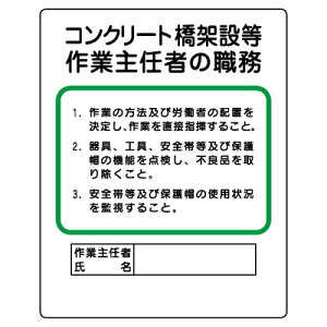 356-33A 作業主任者職務表示板 コンクリート橋架設等作業主任者の職務 エコユニボード 500×400×1mm厚 UNIT ユニット