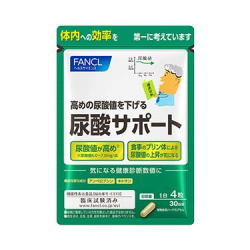 【商品特長】 ●日本初 ※！尿酸値が高めの方の尿酸値を下げる臨床試験済機能性表示食品 ●ファンケルが独自に機能を見出したアンペロプシンに加え、キトサンを配合 ●複合配合だから、尿酸値に対して多角的にアプローチ 【原材料】 藤茶エキス、還元麦芽糖、　／環状オリゴ糖、 ヒドロキシプロピルメチルセルロース、 セルロース、キトサン（かに由来）、ショ糖エステル 【栄養成分表示】/1日の目安量：4粒 エネルギー・・・・4.3kcal、　たんぱく質・・・0.07g、　脂質・・・・0.05g、 炭水化物・・・・1.1g [糖質・・・・0.80g、食物繊維・・・・0.30g]、 食塩相当量・・・・0.001g