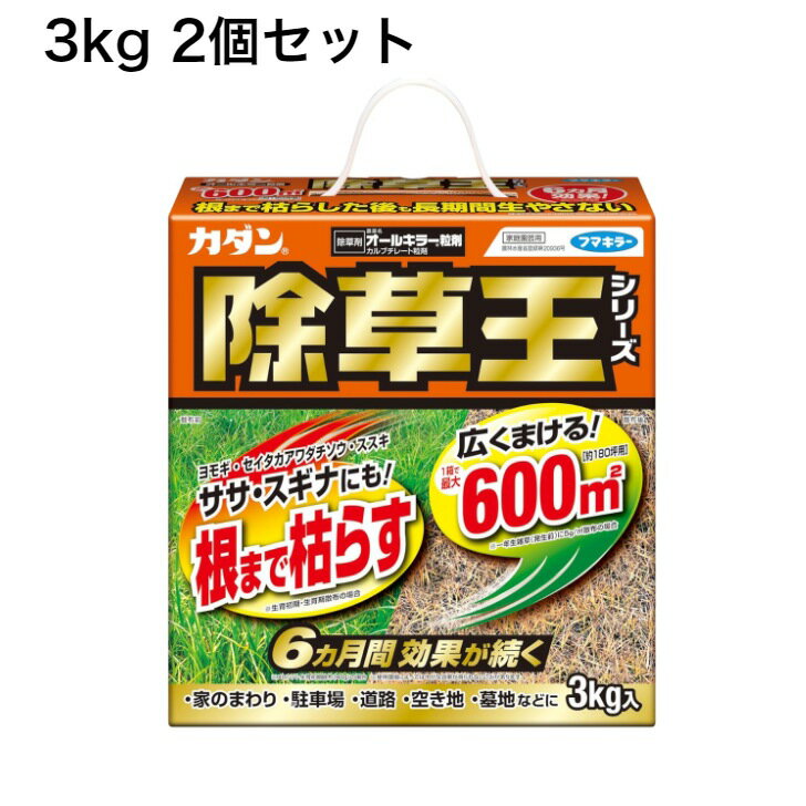 根まで枯らして6ヵ月間生やさない。 雑草発生前にまけば予防にも。 家まわり、駐車場、道路、空き地、墓地などに。 ■特徴 長く効く粒剤タイプです。 根まで枯らして新たな雑草も生やさないです。 草が生える前にまくと抑制効果があります。 家のまわりや駐車場など広い範囲に。 ■雑草の種類 一年生雑草(メヒシバ、エノコロクサ、ホトケノザなど) 多年生広葉雑草(カタバミ、セイタカワダチソウ、ヨモギ、スギナなど) 多年生イネ科雑草(ススキなど) ササ類 ※時期、散布量は使用上の注意をご確認ください。 ■商品スペック 容量：3kg×2個 有効成分：カルブチレート ＜おすすめポイント＞ 家の周り 駐車場 道路 空き地 墓地 予防 対策 草 雑草