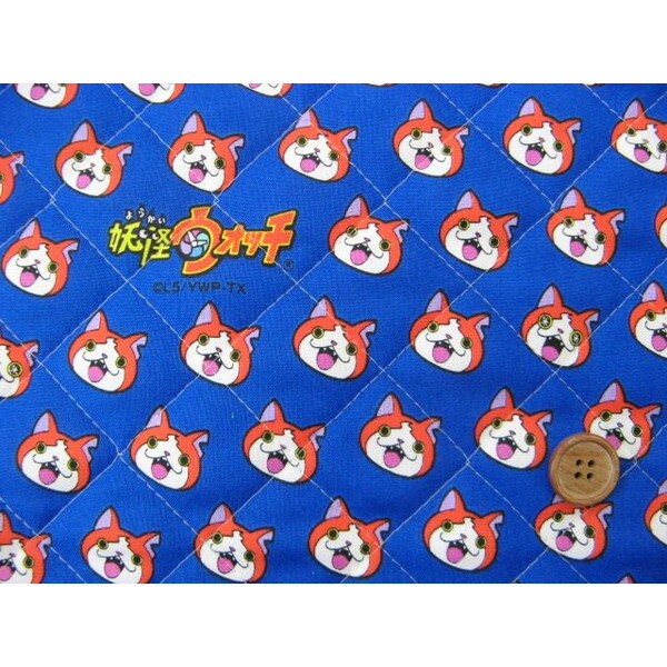 【値下げしました】2015年　妖怪ウォッチ　ジバニャンがいっぱい！　シーチング　　キルト地（紺色)【長さ1mまでメール便発送可能】 (入園入学 レッスンバッグ シューズ入れ 座布団カバー ポーチ インテリア カバーリング 手作り 手芸 ハンドメイド)のサムネイル