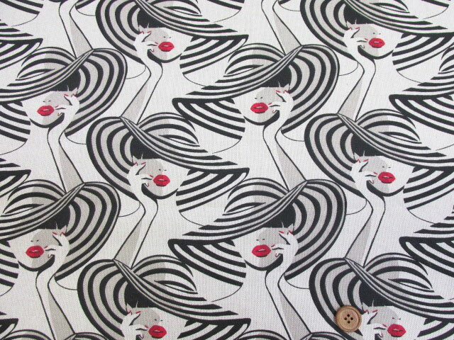 135cm幅　エレガントレディ　ハットレディ柄　オックス生地 (ジャケット ワンピース チュニック スカート ロングワンピ ワイドパンツ バッグ ポーチ 巾着 エプロン カバーリング インテリア 手芸 ハンドメイド)