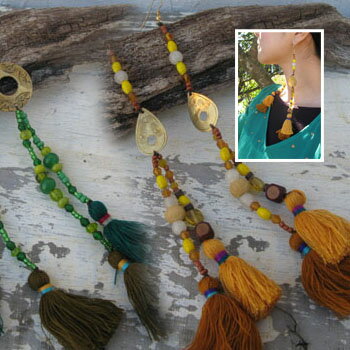 樂天商城 - 【東巴オリジナル/フォークロア版】ストーン＆ビーズ＆フサのピアス☆アジアン/エスニック/ファッション小物/アジアン雑貨アジアンファッション/ヒッピー/フォークロア/トンパ/少数民族