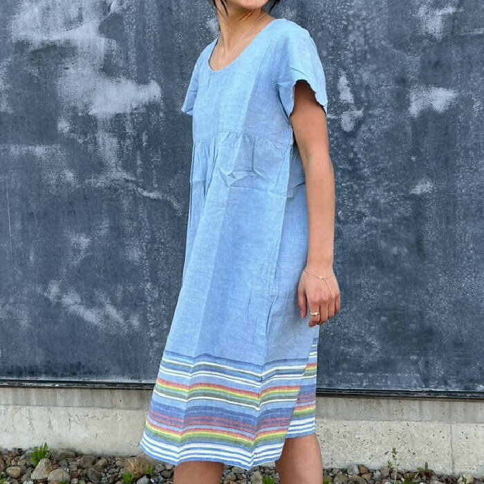 【Yul】カラフルボーダーのシャラン袖付ワンピース！アジアン/エスニック/ファッション小物/ナチュラル..