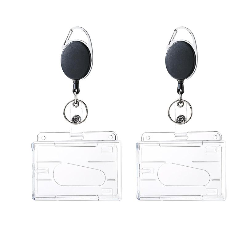 乐天商城 - ID カードホルダー 2 枚セット 伸縮リール式 横型硬質クリア 透明バッジホルダー付き 社員証/名札用 メンズ・オフィススタッフ・教師・従業員に最適 おしゃれカードケース