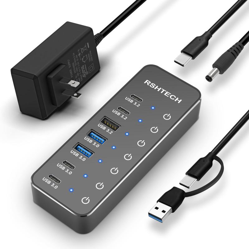 樂天商城 - USB ハブ 10Gbps 7ポート USB-C×4・USB-A×3 セルフ/バス両対応 タッチスイッチ付き ACアダプタ付（100cm） アルミ合金ボディ 高耐久性 ポート拡張 Type-C/USB接続対応 (RSH-ST07C-4)