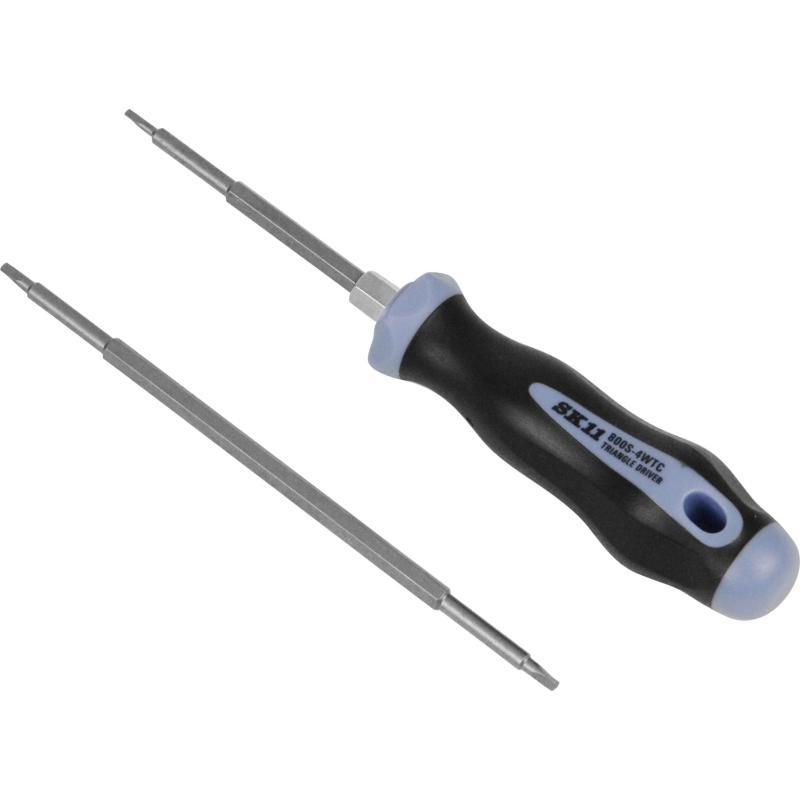 SK11(エスケー11) 特殊ドライバー 差替え式 三角ネジ用 4サイズ 800S-4WTC特徴:4サイズに対応する、三角ネジ専用ドライバー付属ビット数:二本仕様:専用マスターハンドル付グリップ:ラストマー樹脂セット内容:全長150mmビット(六角対辺5mm)2.0mm×2.2mm・1.6mm×2.3mm・専用マスターハンドル