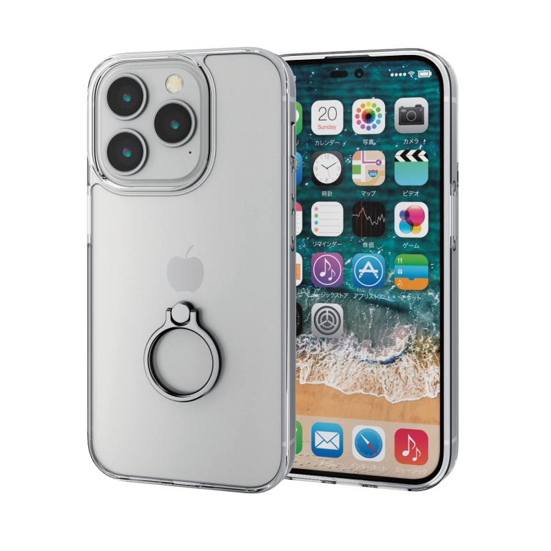 Rakuten - エレコム iPhone 14 Pro ケース カバー リング付き 耐衝撃 衝撃吸収 落下防止 [エアクッションで衝撃吸収] クリア PM-A22CHVCKRSV シルバー
