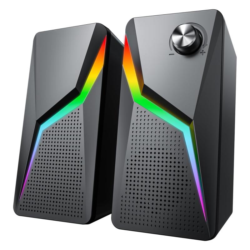 スピーカー PC ゲーミングスピーカー 有線 RGBライト付き 3.5mmケーブルが付属、USB給電式のパソコン用 テレビ、ラップトップ、タブレット、スマートフォンに対応 ブラック