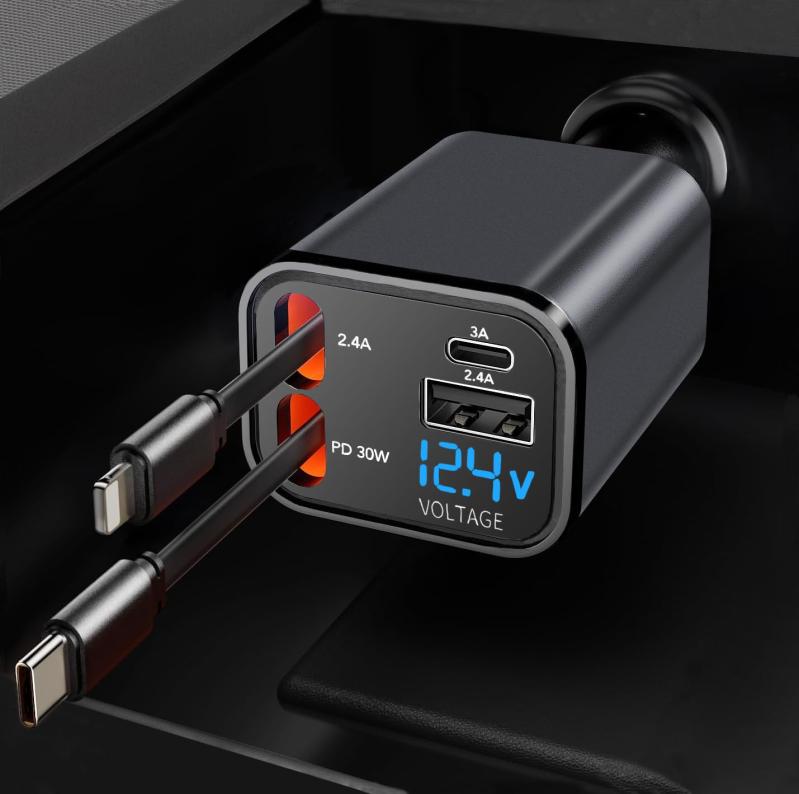 【2025小型設計】 巻き取り式充電ケーブル 車 充電器 シガーソケット 4台同時充電可能 LED表示電圧 急速充電 スマホ iphone/iPad/Galaxy/AQUOS/Xperia対応 12V-24V車対応 カー用品 車用品 出張 旅