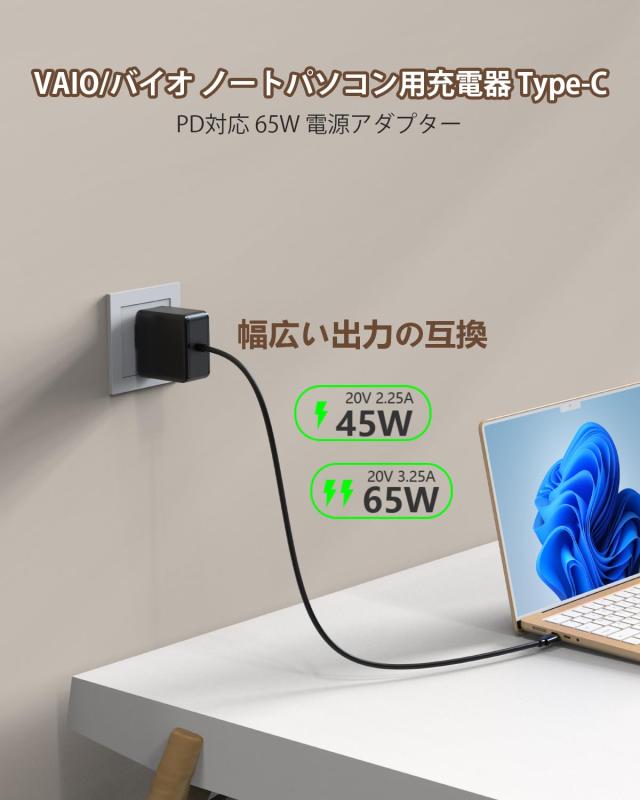 VAIO 用 acアダプター Type-C 65W バイオ向け パソコン 充電器 タイプC 20V 3.25A PD対応 バイオ 用 充電器 ノートPC用ACアダプター Type-C GaN採用 VJ8PD65W/RP-OPCF001/E065-1C2