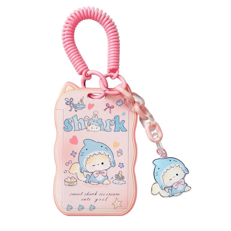 [] パスケース 定期入れ 猫 可愛い ストラップ付き レディース 子ども 女の子 高校生 カードケース カードホルダー コイルキーホルダー付き 縦型 薄型 (ピンク)