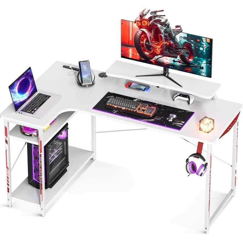 ゲーミングデスク l字 パソコンデスク 幅130 コンセント付き pcデスク デスク 机 ラック付き desk 収納 組立簡単 左棚 White