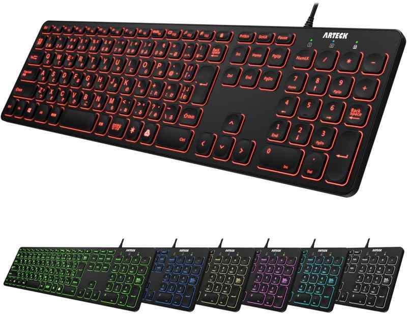 Rakuten - USB 有線 ワイヤー キーボード 7色バックライト搭載 明るさ変更 フルサイズ 6フィート（約1.8メートル）コード テンキー付き コンピューター、デスクトップ、PC、ラップトップ、Windows11/