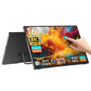 モバイルモニター 3k タッチモニター 16 インチ AG非光沢IPSパネル 3072x1920 黄金比16:10 SRGB 100%広色域 400nits高輝度 ミニPC/Macbook/ノートPC/Switch対応ポータブルモニター 10点タッチパ