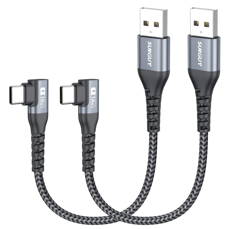 SUNGUY 直角USB Cケーブル 2本セット【0.15M+0.15M】、90度USB A to C充電ケーブル18W高速充電 USB 2.0 データ転送 編組ケーブル iPhone 17/16/15 Pro Max、Galaxy S25 S24