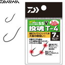 ダイワ(Daiwa) シロギス用釣り針 10号 D-MAX 徳用 SSV 投魂 T-4号数(号):10入数(本):100形状:大型キスでも安心のシワリ針先と深いフトコロでバラシにくい形状。遠投でもバラシにくいシワリ針。魚影が濃く、サイズも大型の時の数狙いに有効。100本入り徳用タイプ。サクサス仕様で貫通力アップ。主なターゲット:シロギス驚異の貫通力でチャンスを逃さない「SaqSas(サクサス)」:従来のメッキ処理では実現できなかった驚きの貫通力を持つ表面処理テクノロジー。ハリの表面にフッ素系特殊プレーティング加工を施すことで、刺さり性能は従来の塗装ハリに比べて最大40%(平均約20%)アップ(当社比)。今まで合わせきれなかった小さなアタリやショートバイトも逃さずキャッチ。今までのハリと一味も二味も違う「サクッと刺さる」感覚は、一度体感すると忘れがたいものとなるはずだ。なお、非常によく刺さるハリとなっているため、取り扱い時にはこれまで以上に注意していただきたい。