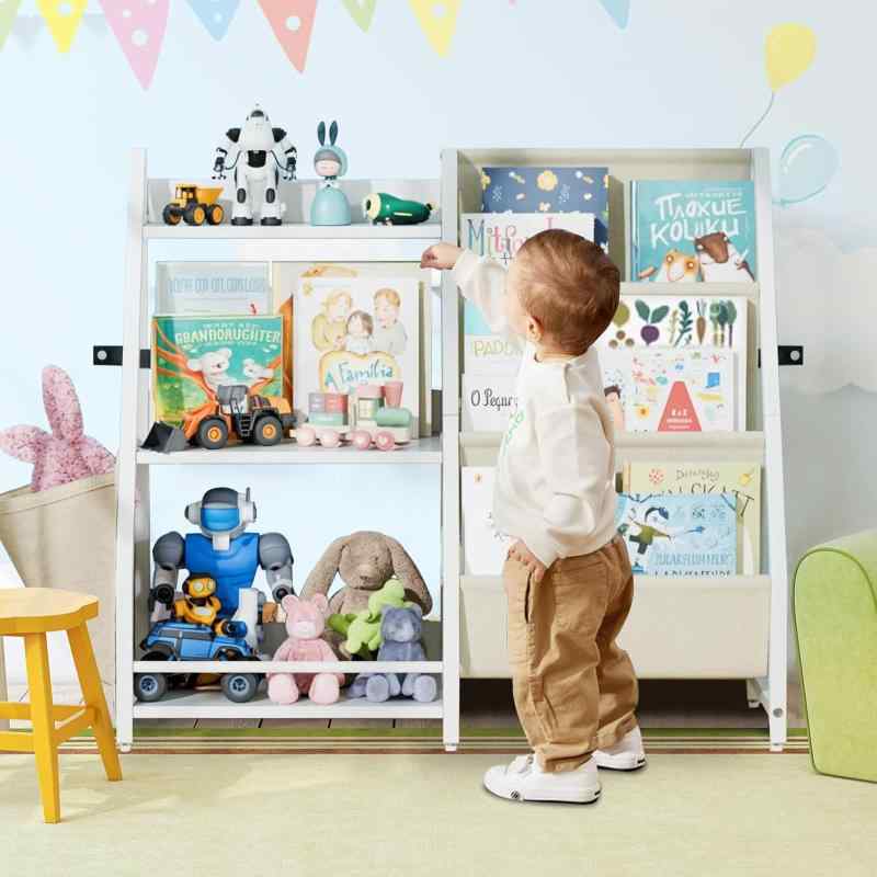 絵本ラック おもちゃ収納 子供用 本棚 大容量 木製マガジンラック おしゃれなキッズブックシェルフ 絵本棚 収納ラック 85.5×30×75cm [2]