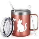 猫グッズ プレゼント 女性 マグカップ 保温 保冷 蓋付き ストロー付 350ml ステンレス かわいい ギフト 贈り物 (ローズゴールド)