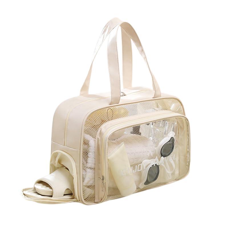 プールバッグ シューズコンパートメント付き 仕分け収納 & 乾湿分離 大容量 水着入れるバック スパバッグ 温泉バッグ 透明バッグ 透明収納バック ベージュ