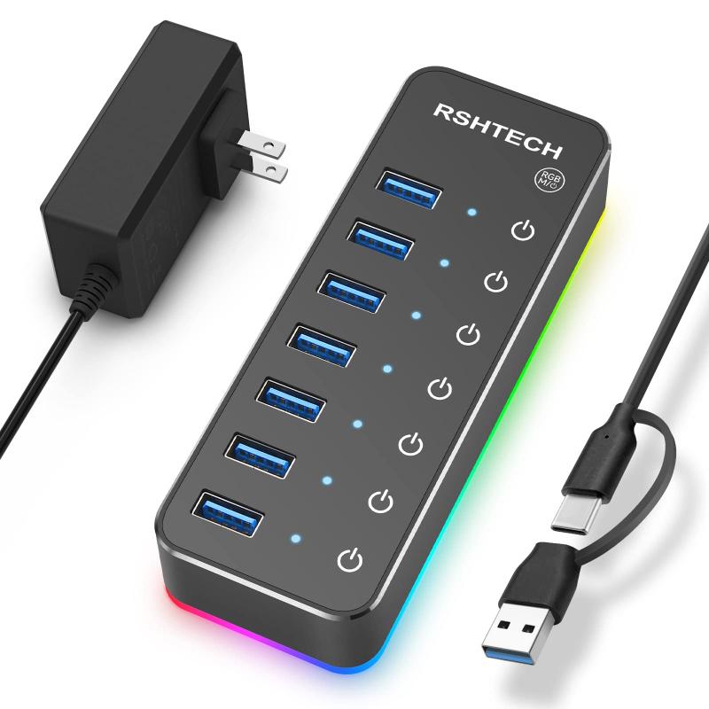 USBハブ 3.0 電源付き RGB 7ポート 2 in 1 ケーブル 付き USB Hub アルミ製 5Gbps高速転送 セルフパワーとバスパワー両用 5V 4A 電源 独立スイッチ付き(RSH-518R)