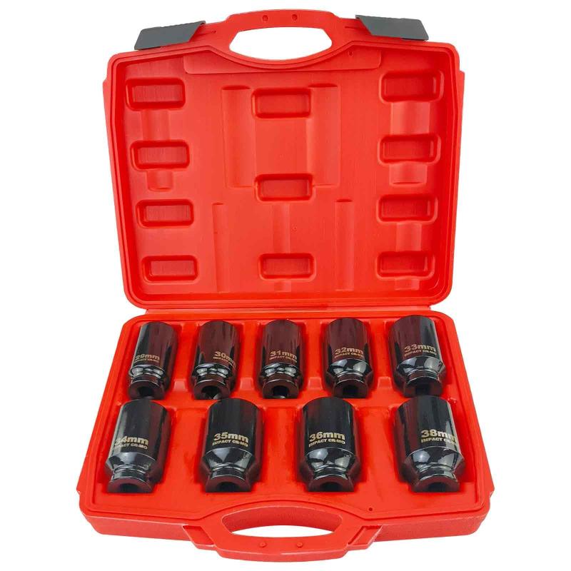 樂天商城 - 9点セット 1/2インチ ドライブ ディープ インパクトソケット 車軸ナット用 メートルサイズ 6角 クロモリ鋼製 29mm-38mm