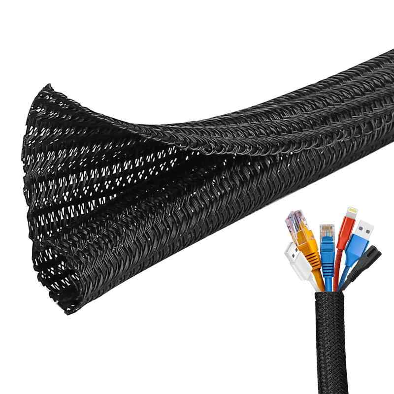 ケーブル カバー、ケーブルをまとめて整理、乱雑なワイヤーを隠し、編組ワイヤー ジャケットは長さ 3 m、直径を拡張可能、3 ～ 5 本のワイヤーを収納可能、黒