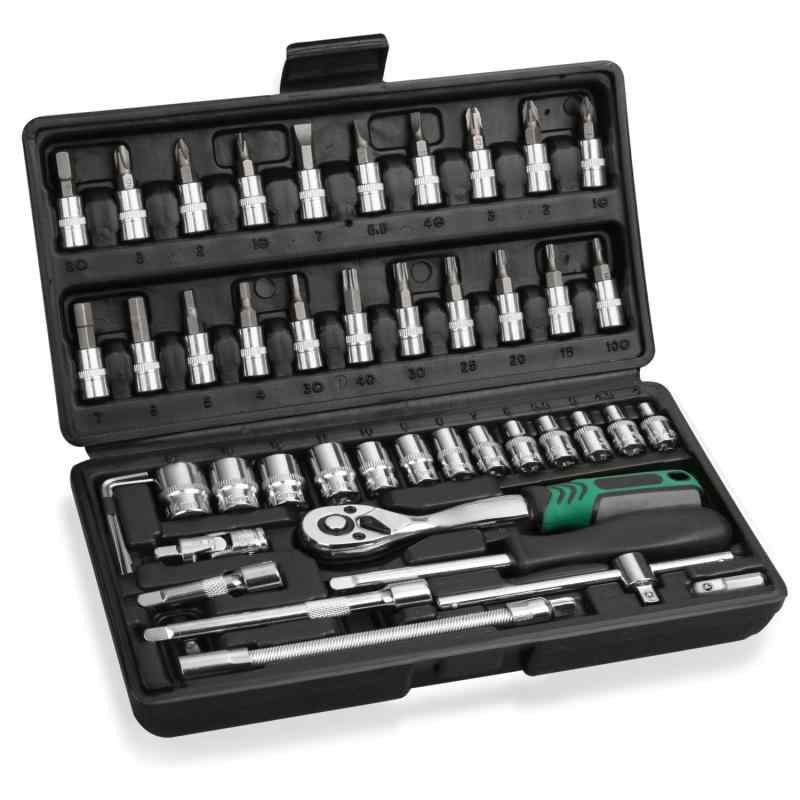 樂天商城 - ソケットレンチセット ラチェットレンチ 差込角6.35mm（1/4インチ) 六角ソケット+ドライバー 作業セット 車やバイク整備用工具 46点組 収納ケース付き