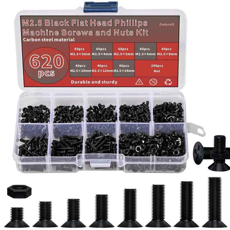 樂天商城 - 620枚M 2.5平頭機ネジ黒十字ボルトナットセットM 2.5 x 3 mm/4 mm/5 mm/6 mm/8 mm/10 mm/12 mm/14 mm