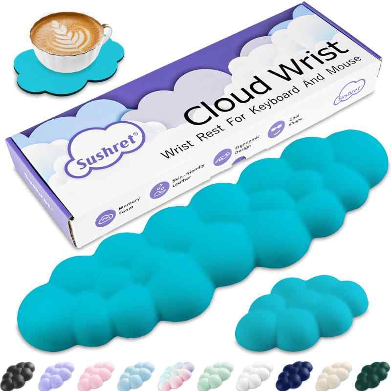 リストレスト 雲、PUレザーメモリーフォーム付きクラウド パームレストセット、手首のサポートとアームレストのためのかわいいリストレストキーボード、PC/ゲーム/ハンドクッショ(2)