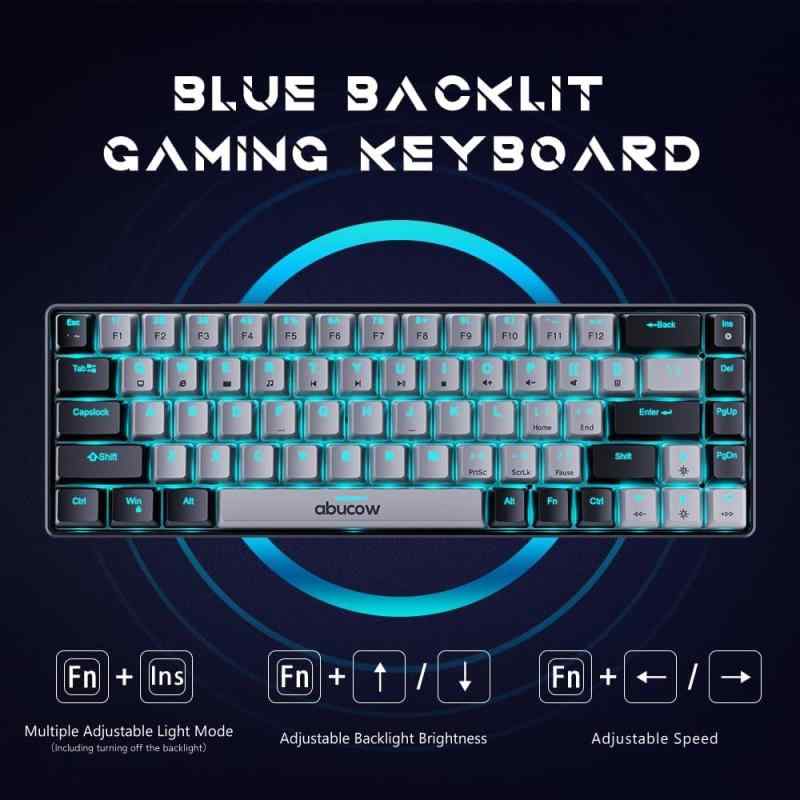Abucow 60％メカニカルゲーミングキーボード 青軸 有線コンパクトキーボード ブルーLEDバックライト付き 交換可能なブラック・グレーキーキャップ Windows/Mac対応