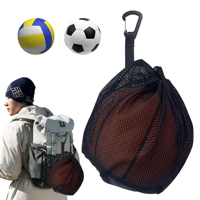 バスケットボール ケース 巾着メッシュ サッカーボールバッグ ネット フック/ファスナーポケット付き 軽量 持ち運び便利 小物収納 ボールぶくろ 大容量 バレーボール入れ袋 多機能 旅行/キ