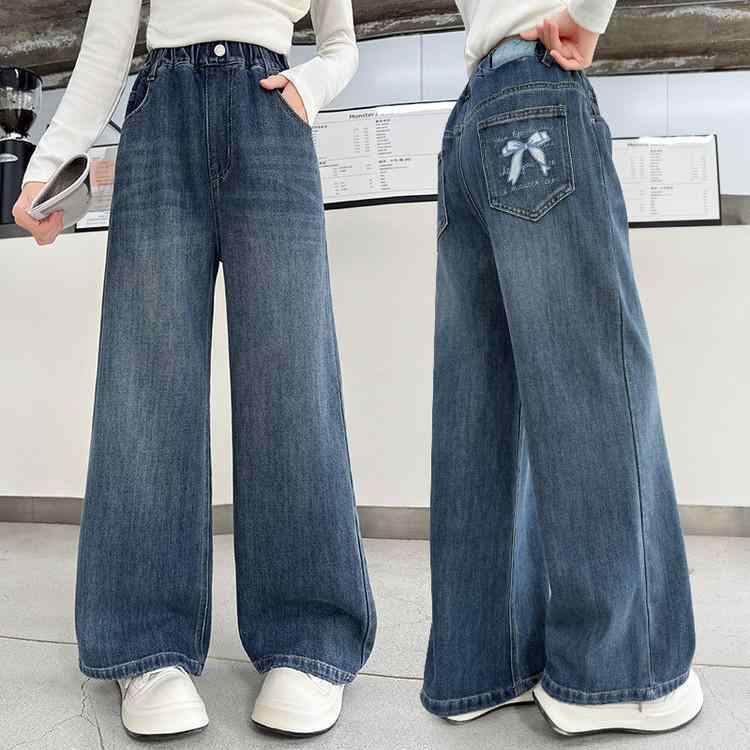子供服 パンツ 春秋 女の子 ワイドレッグ デニムパンツ ストレートパンツ 8歳以上 長ズボン 中大童 ジ..