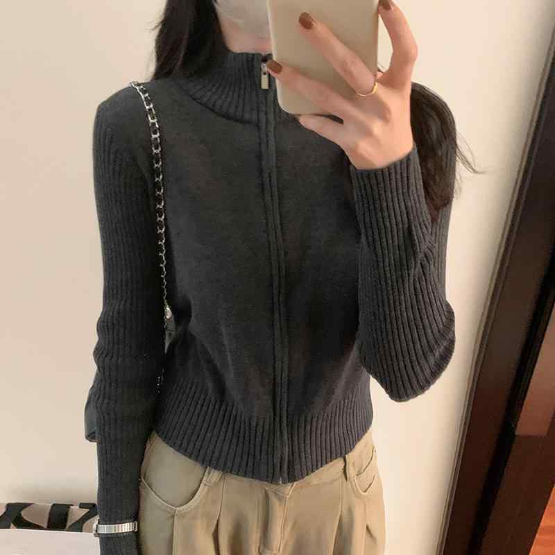 カーディガン レディース ニット 秋冬 ファッション かわいい 韓国風 長袖 トップス アウター ジップアップ スリム 無地 紺色 ダークブラウン ダークグレー ブラック