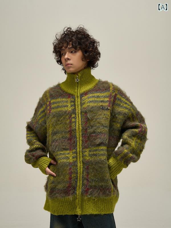 ニット メンズ ニットカーディガン レトロ調 鹿の子編み 長袖 トップス 秋冬 リラックス ゆったり グリーン系 パープル系(4)