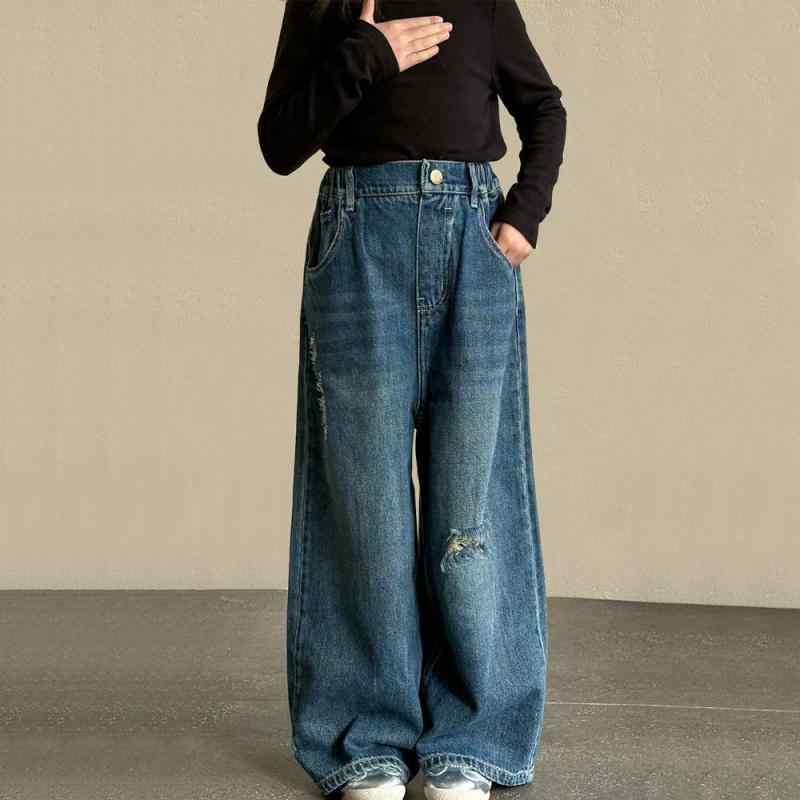 子供用ジーンズ 女の子 デニム ロングパンツ 春秋 B品 中大子供服 破れ加工 韓国風 普段着 ミディアム..
