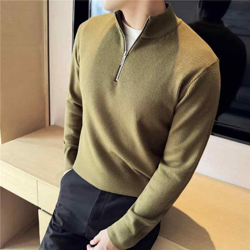 ニット メンズ 秋冬 ハーフジップ ハイネック トップス 長袖 プルオーバー スリム 無地 ビジネス カジ..