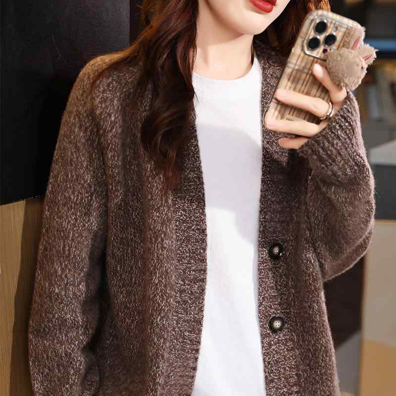 ニット レディース カーディガン 厚手 Vネック 長袖 ウール 100% 秋冬 ゆったり ショート丈 婦人服 トップス あったか 防寒