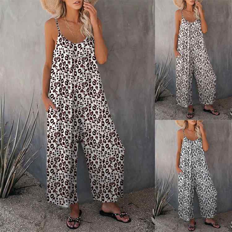 ワンピース レディース ノースリーブ オールインワン パンツ ヒョウ柄 アニマル柄 ワイドレッグ 接触冷..