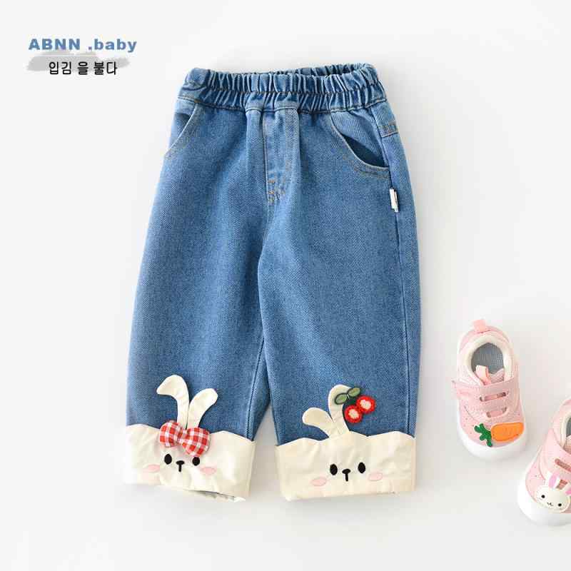 子供服 パンツ 女児 デニムパンツ 幼児 ウサギ 刺繍 ロングパンツ 高腰 綿混紡 春秋 かわいい 73CM 80c..