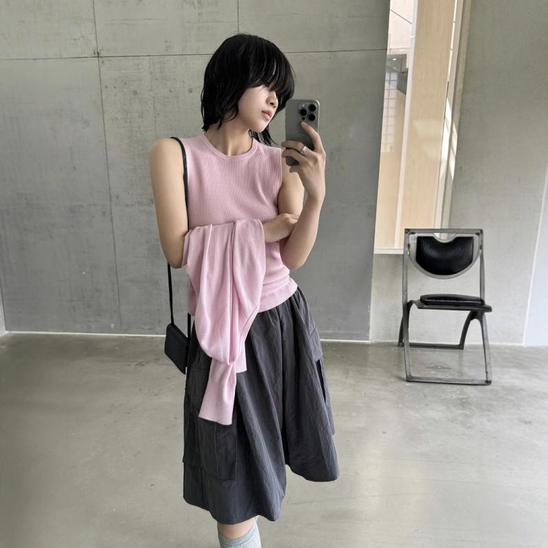 Three-Quarter Knit - ニットベスト レディース メリノウール100% ラウンドネック ノースリーブ トップス 黒 白 グレー ブラウン ピンク系 秋冬 日韓スタイル カジュアル
