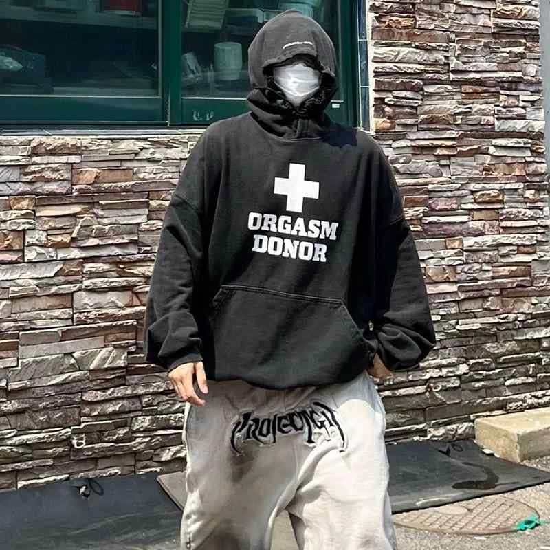 スウェット 男性用 十字架 プリント ウォッシュ加工 ゆったり パーカー 黒 ポリエステル 春(4)