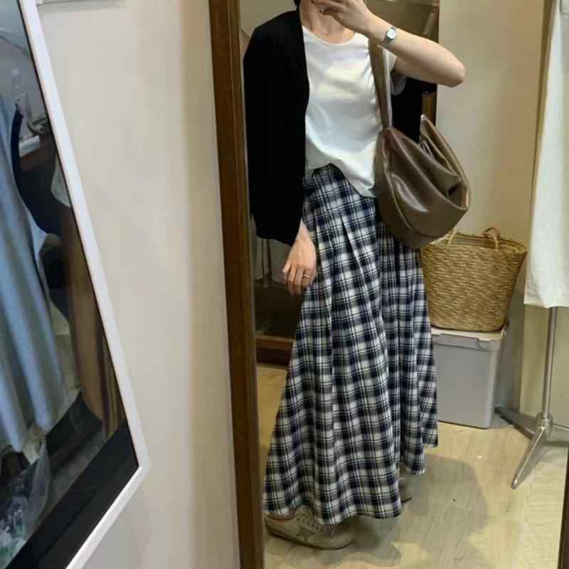 スカート レディース Aラインスカート チェック柄 ロングスカート ウエストゴム 綿 紺色系 ゆったりサイズ 裏地付き 春秋 かわいい ガーリー