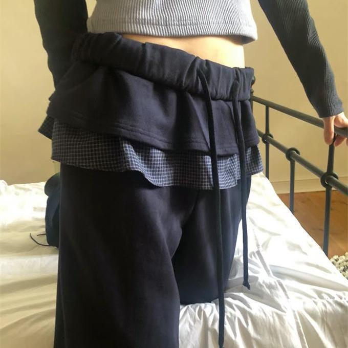 スカート レディース 秋冬 チェック柄 フリル 切り替え ズボン 伸縮性 ワイドパンツ 紺色 ダークグレー かわいい カジュアル