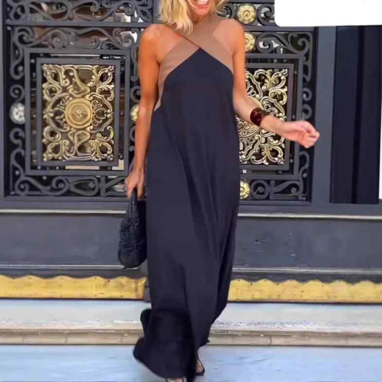 ワンピース レディース アシンメトリー ノースリーブ Vネック ロング Aライン 接触冷感 ポリエステル ブラック 紺 アイボリー 個性派 ストリート モード 普段使い