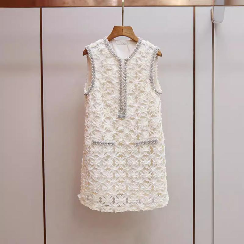 ワンピース レディース ノースリーブ フレンチスタイル 釘ビーズ レース 編み込み タンクワンピース Aライン ミニワンピース ポリエステル 米白色 きれいめ 通勤